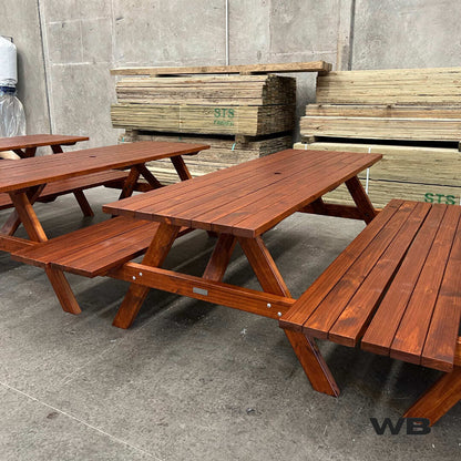 1.8m classic treated pine picnic bench table full merbau stained