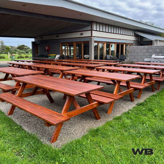 classic treated pine picnic bench table full merbau stained
